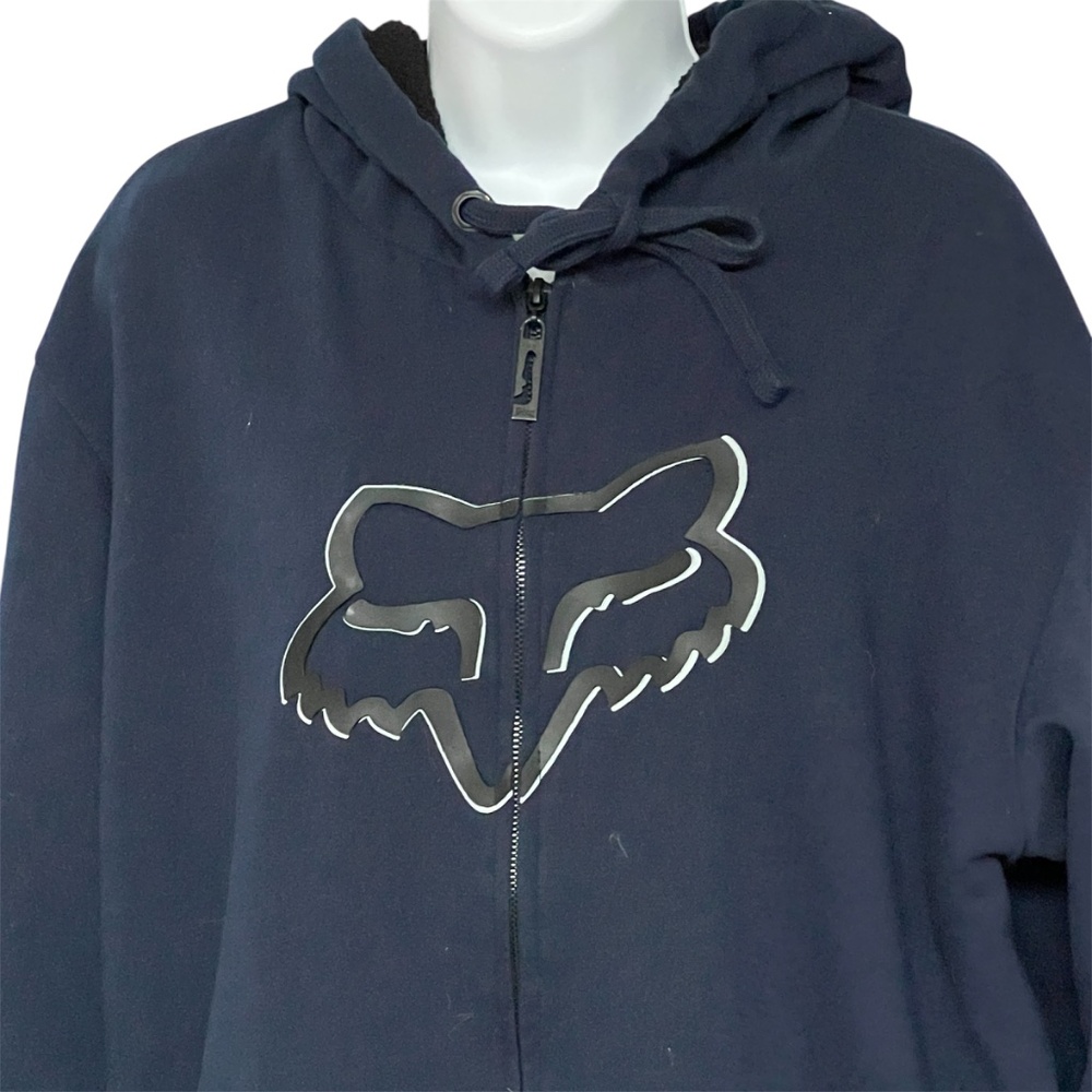 FOX Hoodie Dark Blue Men L Full Zipper Kangaroo Pocket Fleece Lined Cotton Blend
